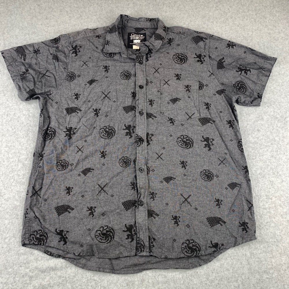Game of Thrones Shirt Mens XL Grey Sigil All Over Print Short Sleeve Button Down